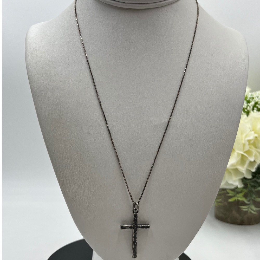 Dark Sterling Silver Oxidized Hammered Rustic Cross Pendant Chain Necklace S925